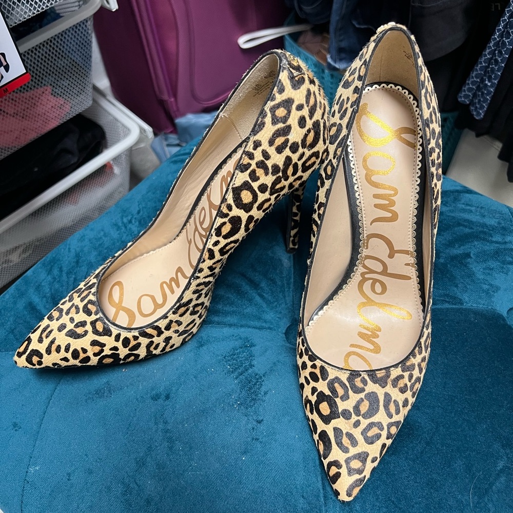 Sam Edelman calf-hair leopard-print pumps.